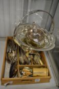 Silver plated items to include a swing handle basket and various flatware.