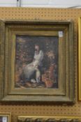 A young lady seated with a dog, oil on board in a decorative gilt frame.