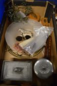 A pewter box and cover, ceiling light, Mauchline ware and other collectables.