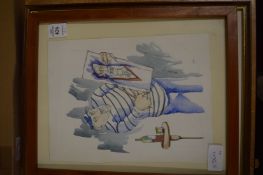 An amusing watercolour of a Frenchman together with a signed photograph of the American actor/