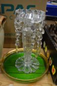 A cut glass lustre and a green glass dish (repaired).