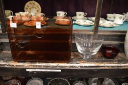 Stylish perspex magazine rack and two stylish glass bowls.