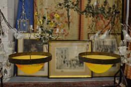 A pair of Art Nouveau style plafonniers with opaque glass shades.