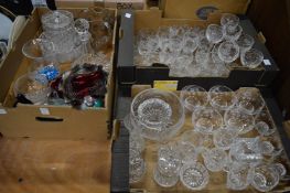 A quantity of household and decorative glassware to include wine glasses, decanters, bowls etc.