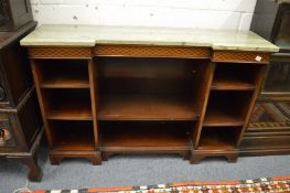 A Regency style inlaid mahogany and marble top inverted break front low bookcase.