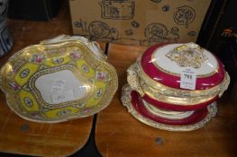 A Copeland sauce tureen cover and stand together with a gilt decorated porcelain dish.