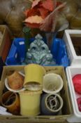A group of lamp shades, glass vase etc.