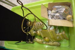 A pair of brass peacock firedogs and other items.