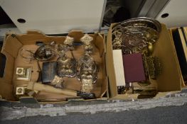 A silver cigarette box, pair of plated candelabra and other items.