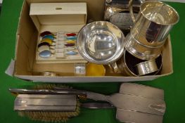 Silver ware to include an engraved tankard, pedestal bowl, pair of modern bottle coasters etc.