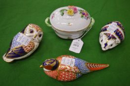 A Herend small porcelain bowl and cover with floral decoration together with Crown Derby owl,