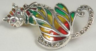 A silver plique enamel cat brooch/pendant in a box.