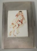 An engine turned silver cigarette case, 145 grams, Birmingham 1937, with a glamorous model enamel
