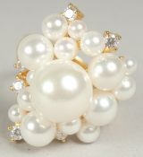 A silver gold plated cluster pearl ring, size P, in a box.