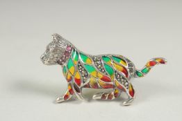 A silver ruby collar plique enamel cat brooch in a box.