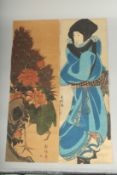 KUNISADA I UTAGAWA (1786-1864) & OTHER: BEAUTY IN THE SNOW, PEACOCK; two mid 19th century original