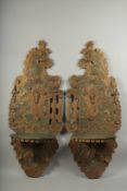A PAIR OF 18TH-19TH CENTURY TURKISH OTTOMAN GILDED CARVED WOOD KAVUKLUKS / TURBAN STANDS, 125cm