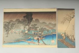 AFTER UTAGAWA HIROSHIGE: a Japanese woodblock print of a village scene, together with another