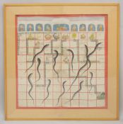 A RARE LARGE 19TH CENTURY INDIAN PAINTED FABRIC, depicting snakes and ladders with Hindu deities,