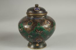 A FINE CLOISONNE ENAMEL KORO, with glittered green enamel band with butterflies and decorative