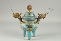 A FINE CHINESE BLUE GROUND CLOISONNE TRIPOD CENSER AND COVER, with twin dragon-head brass handles