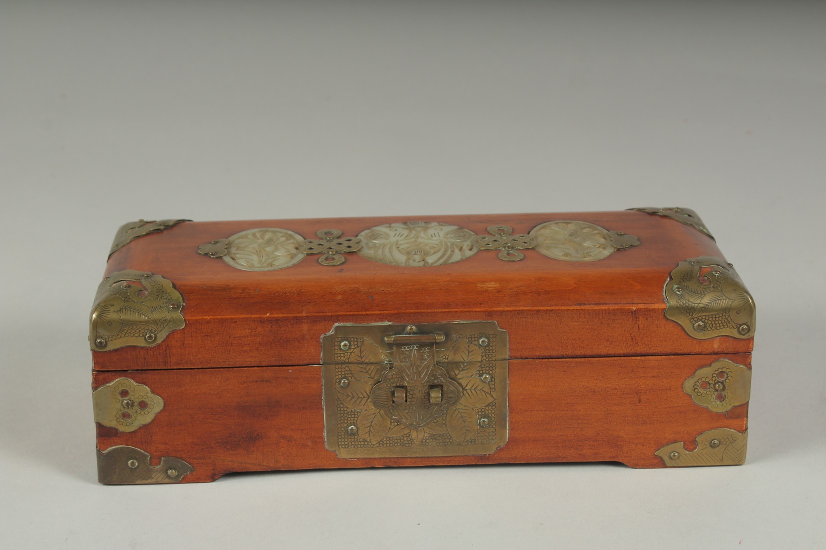 A LATE 19TH - EARLY 20TH CENTURY CHINESE JADE MOUNTED HARDWOOD BOX, the hinged lid inset with - Image 2 of 7