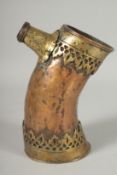 A 19TH CENTURY BRASS MOUNTED COPPER HUQQA BASE, 19cm long (at widest point).