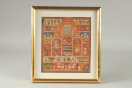 AN INDIAN PAINITNG OF DEITIES IN TEMPLES, with various panels of gods and figures on horseback