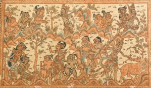 20TH CENTURY SOUTH EAST ASIAN SCHOOL, exotic figures, ink and watercolour on fabric, Hong Kong trade