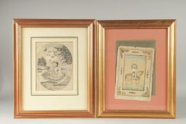 AN INDIAN MINIATURE PAINTING of a dignitary on horseback, together with another ink drawing of a