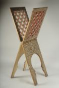 A VERY FINE AND LARGE 19TH CENTURY NORTH INDIAN KASHMIRI LACQUERED QURAN BOOK STAND, 89cm folded.