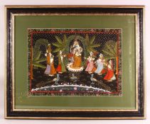 A LARGE FRAMED ISLAMIC / INDIAN PAINTING ON TEXTILE, depicting a blue skin god mid parade or