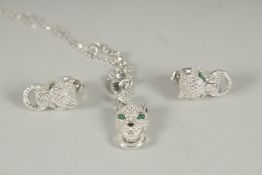 A SILVER PANTHER PENDANT AND EARRINGS.