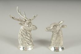 A PAIR OF .800 SILVER PLATED STAG AND DEER SALT AND PEPPERS. 7cm high.
