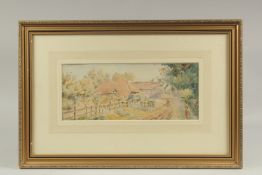 Henry James Sage (1868-1953) Figure on a path by farm buildings, watercolour. Signed, 5.25