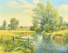 Mervyn Goode (20/21st Century), 'Riverbank Stile, High Summer', oil on canvas. Signed, 14