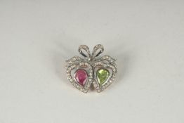 A GOLD AND SILVER DIAMOND & PEARL DOUBLE HEART BROOCH.