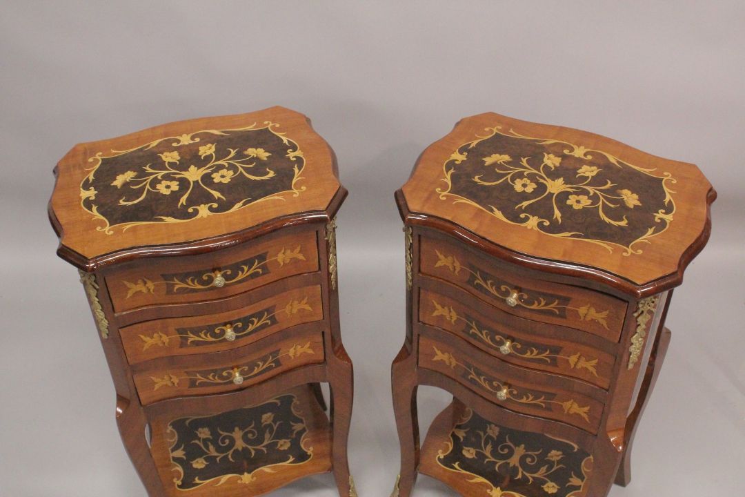 A GOOD PAIR OF LOUIS XVITH STYLE INLAID BEDSIDE CABINET with three drawers and under tier. 1ft - Image 2 of 2