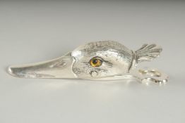A SILVER PLATED DUCK'S HEAD PAPER CLIP. 13cm long.