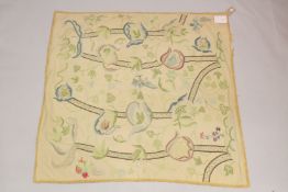 A FRENCH EMBROIDERED BEDSPREAD with birds amongst trees, silk trimmed border. 4ft 7ins x 4ft 7ins.