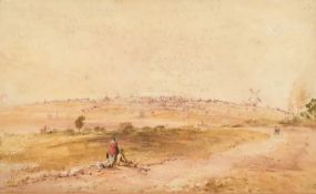 Attributed to A.V. Copley Fielding (1787-1855) British, Figures resting on a track with a dog before