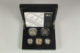 THE ROYAL MINT. 2010, THE UK SILVER PIEDFORM FIVE COIN SET. No. 0407. £5.00 to 50p. Boxed.