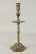 A CLASSICAL BRONZE HEXAGONAL CANDLESTICK. 15.5ins high.