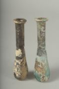 TWO RARE ROMAN GLASS BOTTLES. 4ins long.