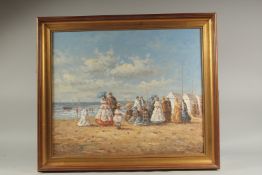 S. Hobbs (20th Century), Manner of Boudin, Edwardian figures on a beach, oil on canvas, 20