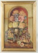 English School, Circa 1943, a still life of flowers in an alcove surrounded by Oriental objects, oil