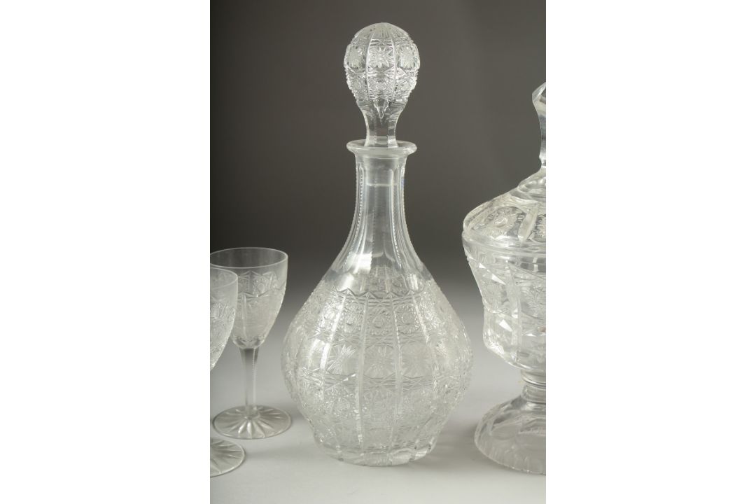 A GOOD CUT GLASS SHERRY DECANTER AND STOPPER, SIX GLASSES AND BOWL AND COVER.(8). - Image 3 of 5