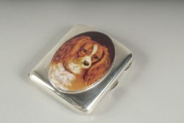 A PLAIN CIGARETTE CASE, Birmingham 1904, 67gms. An oval enamel of a spaniel.