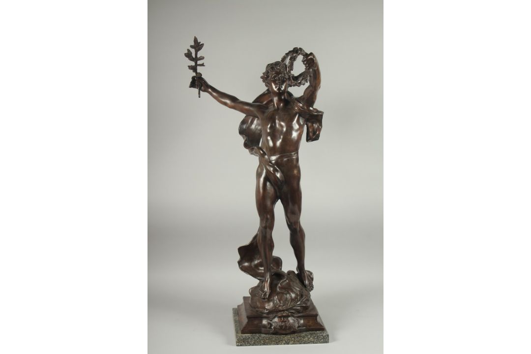 LOUIS AUGUSTE MOREAU (1855 -1919). "LE TRIOMPHE" A SUPERB LARGE BRONZE OF A CLASSICAL FIGURE holding - Image 1 of 8