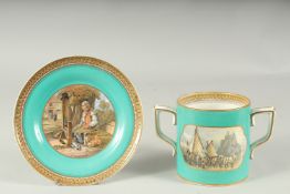 A PRATT WARE TWO HANDLED MUG AND A PLATE, Il Penseroso, 2ins high (2).